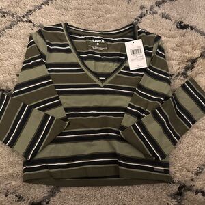Hurley Olive and Black Striped Long Sleeve Tee